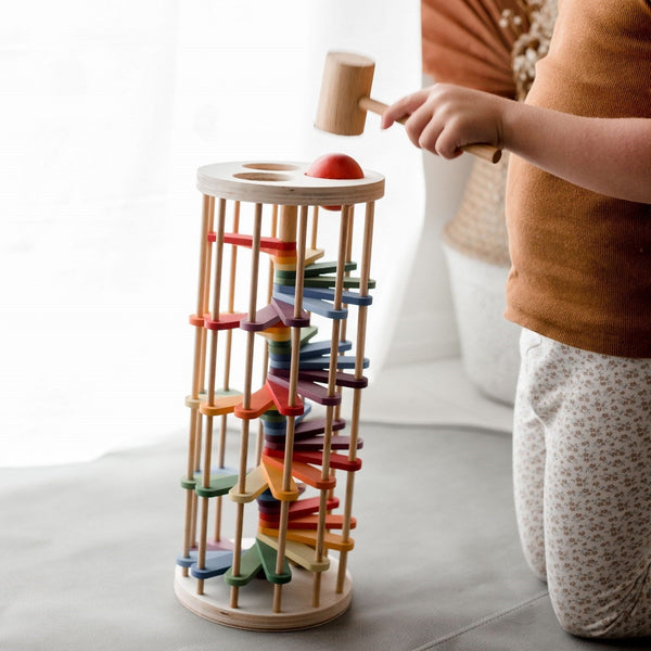 Wooden Ball run tower pound a ball toy by Qtoys AU