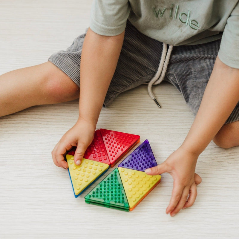 Magblox Magbrix Magnetic Brick Tile Equilateral Triangle Set. Magbrix Magnetic Tile is compatible with Picasso Tiles, Magna-Tiles, Lakeshore, Connetix Tiles most of the magnetic tiles and Lego or Duplo pieces | Shop Play Planet Educational Toys