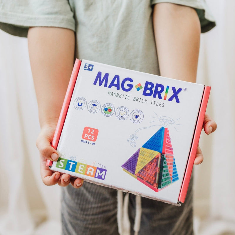 Magbrix by Magblox Magnetic Brick Tile Equilateral Triangle Set. Magbrix Magnetic Tile is compatible with Picasso Tiles, Magna-Tiles, Lakeshore, Connetix Tiles most of the magnetic tiles and Lego or Duplo pieces | Shop Play Planet Educational Toys