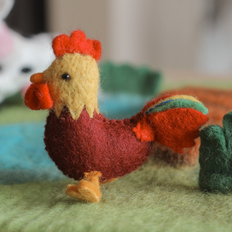Felt Rooster, Felt Chicken, Farm Animal, Barnyard Animal by Play Planet. Handmade in Nepal and Fair traded Biodegradable Toy.