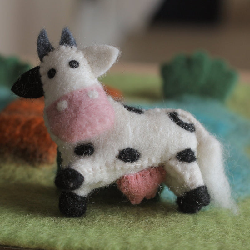 Felt Cow, Farm Animal, Felted Milk Cow by Play Planet. Eco-friendly toys made in Nepal and Fair Traded. Biodegradable kids toy. Pretend Play Toy. 