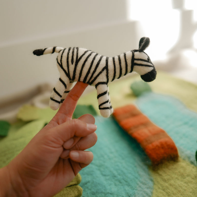 Felt Zebra, Felt Animal Puppet, Finger Puppet, Safari Animal, Play Planet Montessori Toy, Waldorf Doll. Handmade in Nepal and Fair Traded 