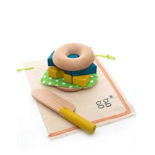 Mamagoto Play Food Set Breakfast bagel, egg, sandwich, fish, cheese wooden play food set by kiko and gg Play Planet