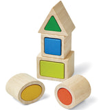 Learn about geometric shapes by matching the blocks together. This set consists of 10 blocks with 5 different shapes and colors.
