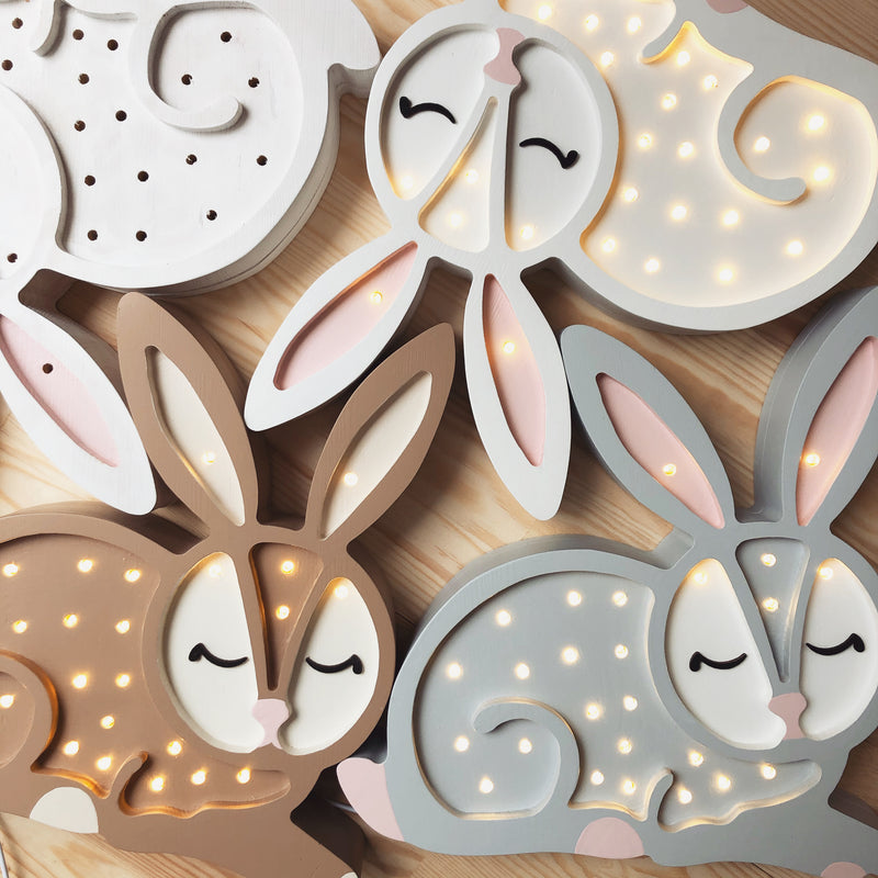 Little Lights wooden bunny lamp in white, gray, and chocolate color for your little ones decor. 