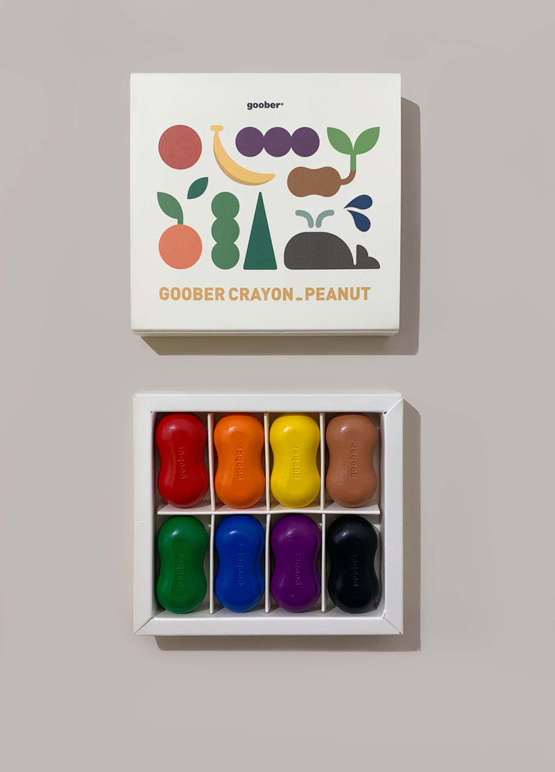 Goober Crayon Peanut-shaped crayons can be used for play & drawing, stand up in a row, stacked up, or stored in their cotton bag.