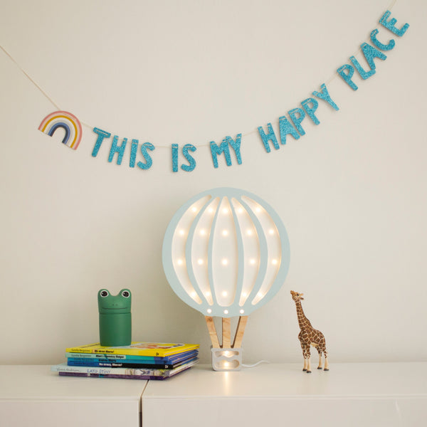 Little Lights wooden lamp hot air balloon baby blue color for baby room, nursey, playroom, kid's room, and modern home.