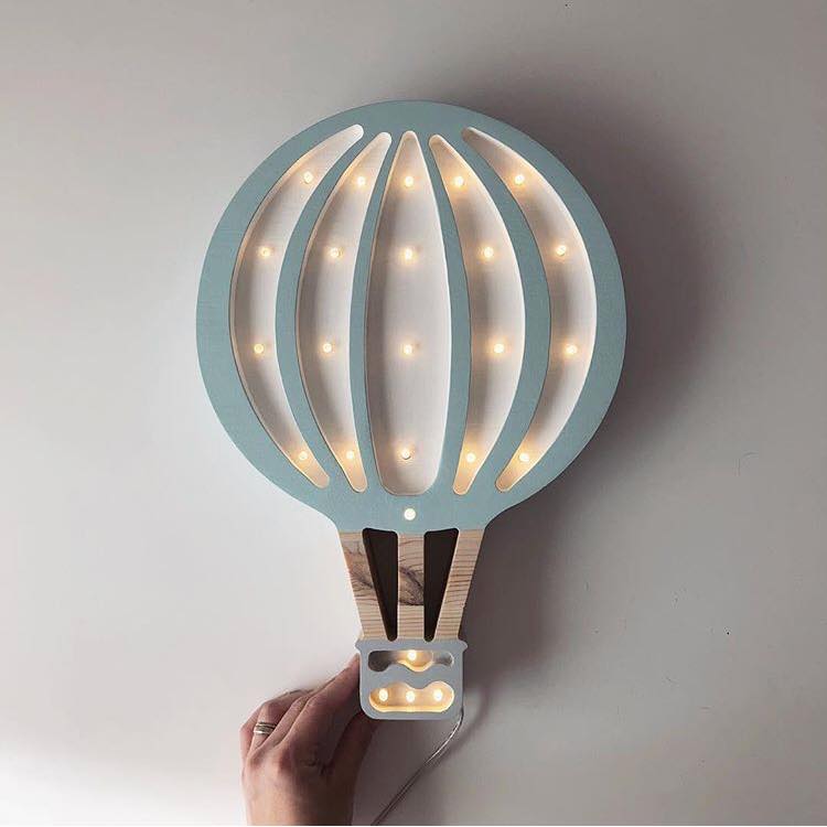 Little Lights wooden lamp hot air balloon baby blue color for baby room, nursey, playroom, kid's room, and modern home. 