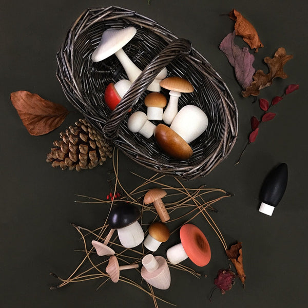 Moon Picnic wooden mushrooms and rattan basket multicoloured