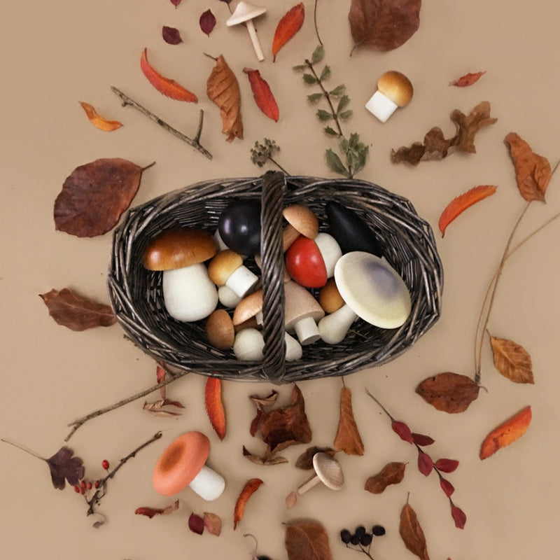 15 Wooden Mushrooms in a basket. Fall activities. Children's Pretend Play at Play Planet 