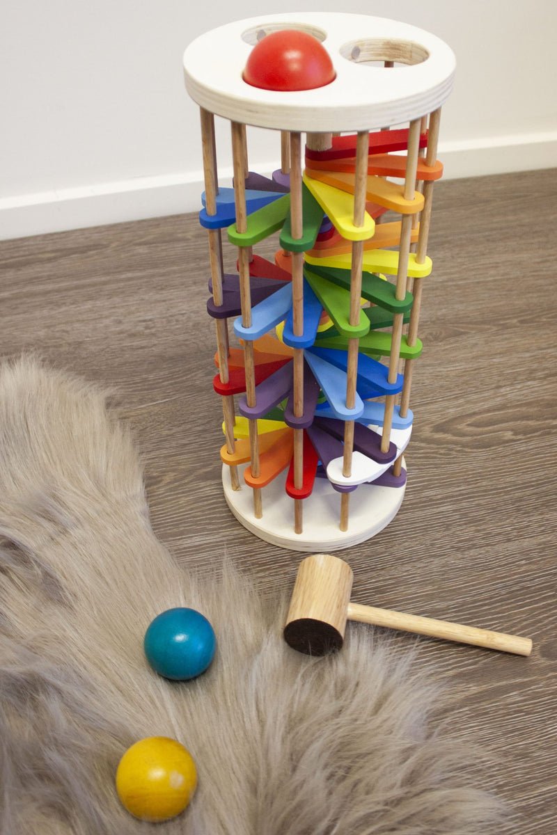 Rainbow color Wooden Ball run tower pound a ball toy by Qtoys AU 